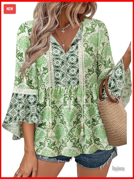 Tops - Boho Embroidered Lace V Neck 3/4 Sleeve Peasant Tunic Blouse Dressy Casual
